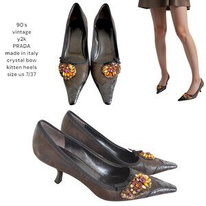 90'S VINTAGE RARE Y2K PRADA CRYSTAL RHINESTONE LEATHER KITTEN HEELS PUMPS 7/37